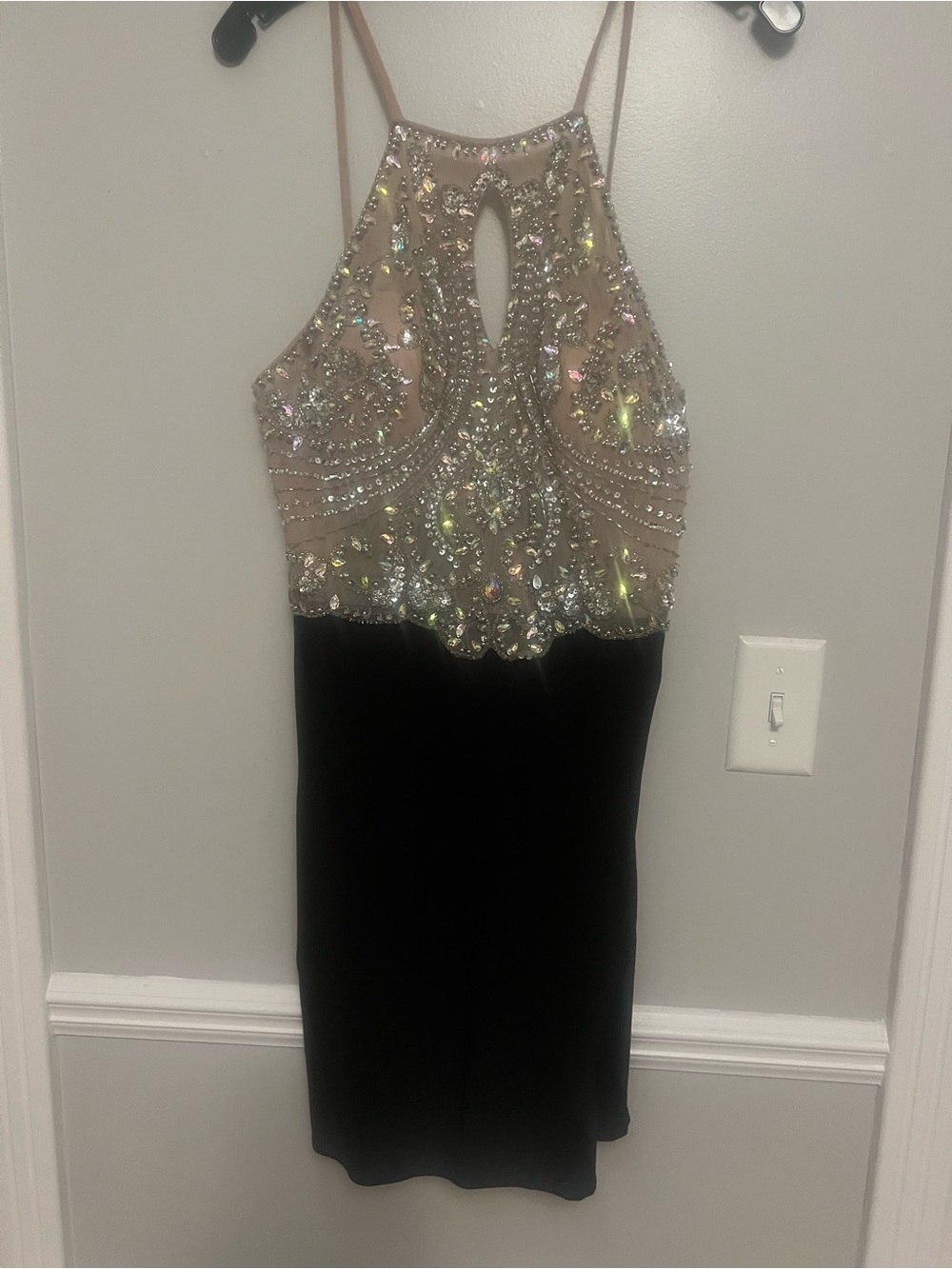 Blondie Nites Nude and Black Beaded Halter Mini Dress